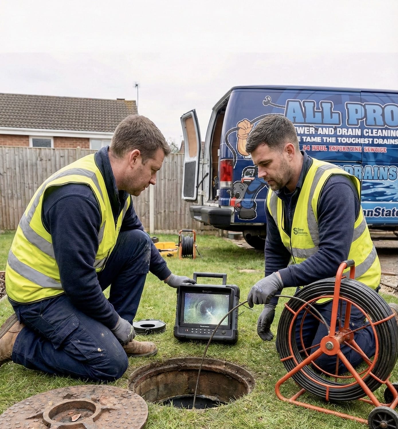 All Pro Sewer & Drain Services guys doing sewer cleaning camera inspection.